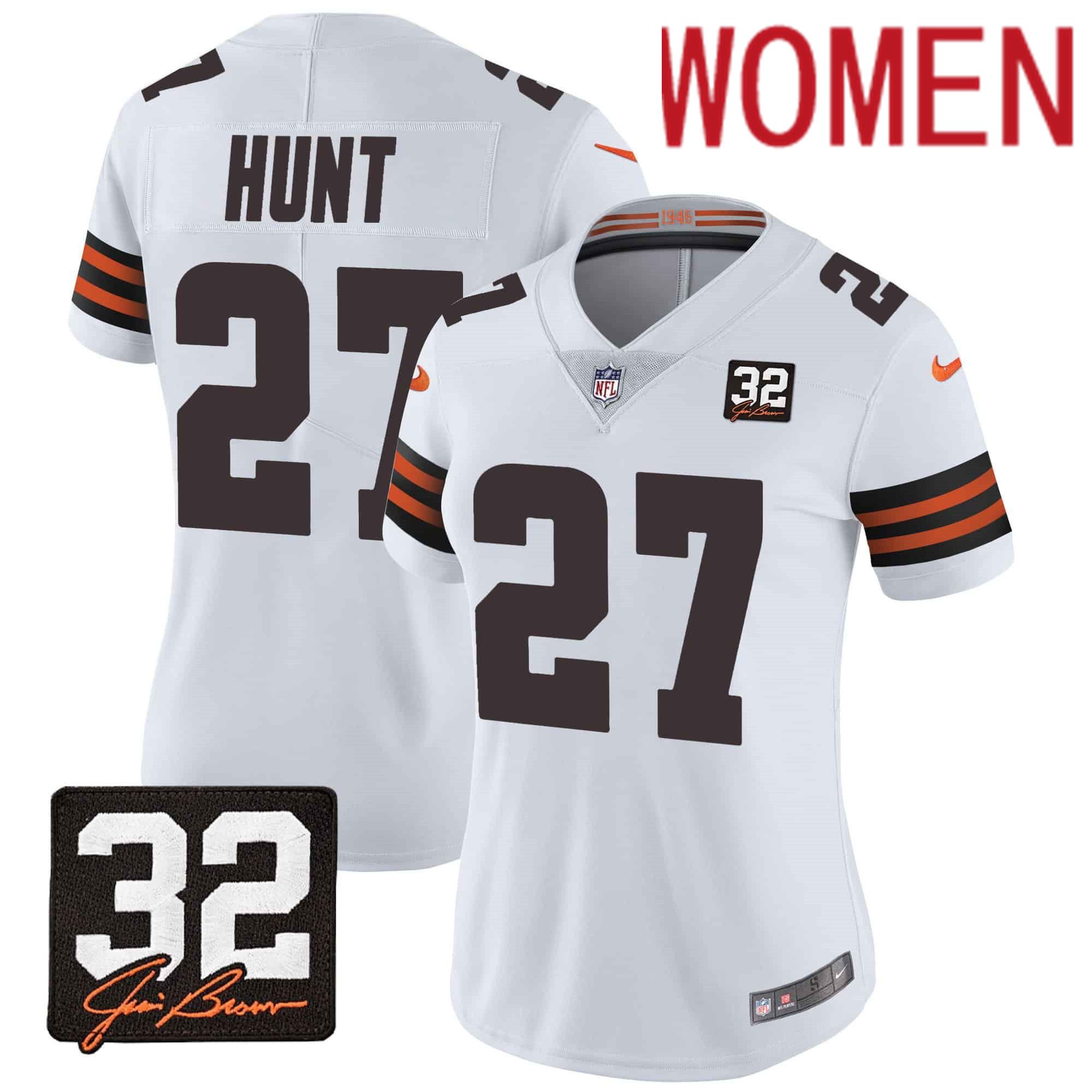 Women Cleveland Browns #27 Hunt White Memorial Home Patch 2024 Nike NFL Jersey